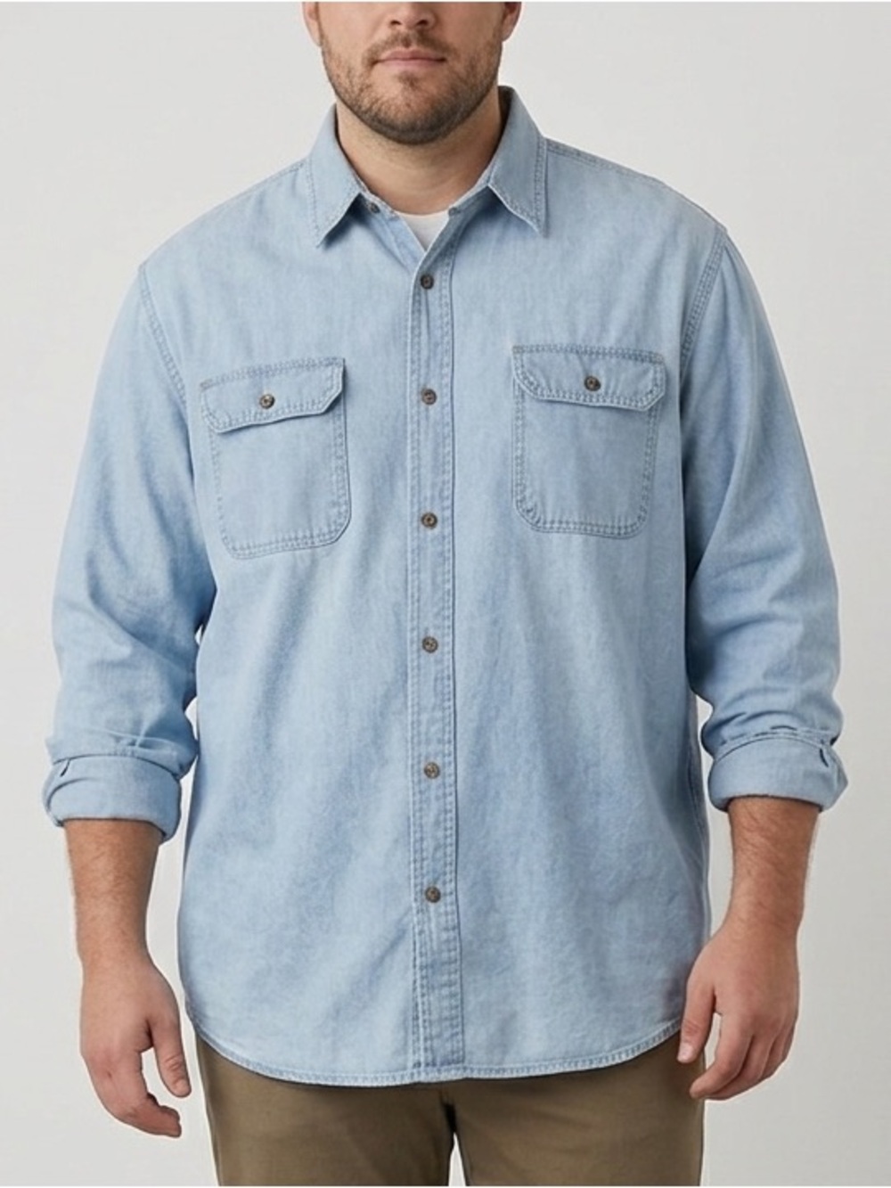 Wrangler Authentics Men's Large Denim Shirt Light Wash Button Down Long Sleeve